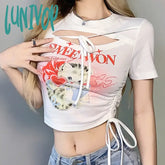 Lunivop Women’s Hollow Crop Top Kawaii Cat Print T-Shirt Short Sleeve Streetwear Harajuku Y2K